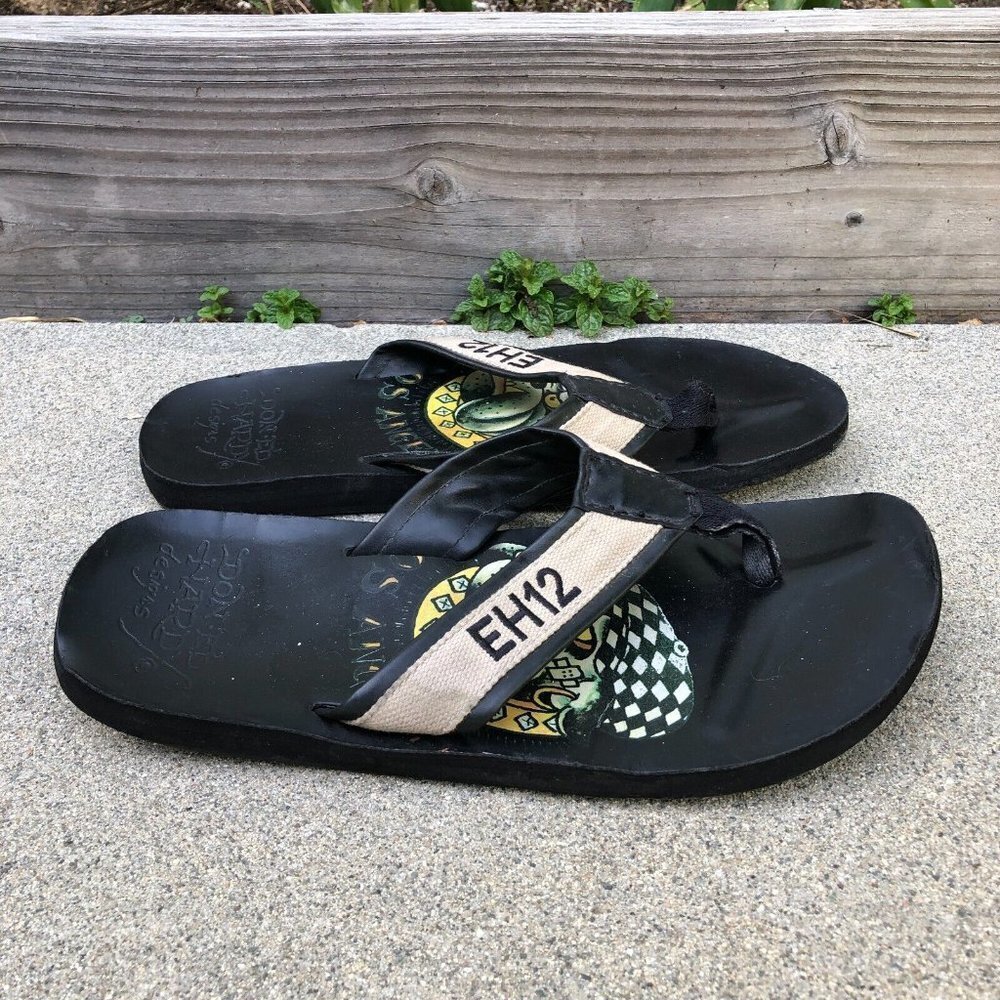 VTG DON ED HARDY EH12 Thong Sandals Mens Size 9 Black Shoes Slip On Flip Flop‌‌
